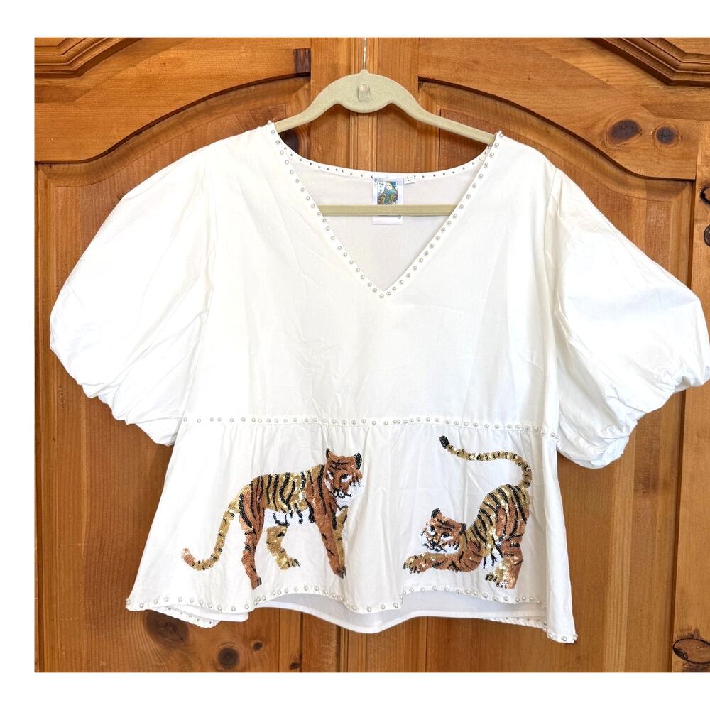 Queen of Sparkles White Sequin Tiger Blouse Peplum Babydoll Top Pearls, Large - Picture 2 of 6
